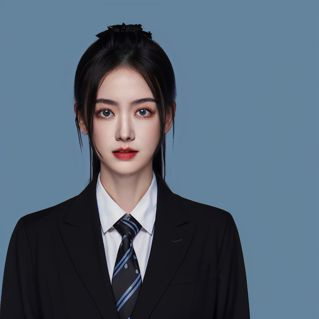 00686-2669650784-_lora_id photo_0.4_,blue id photo,1girl,necktie,solo,female faces,black hair,black necktie,shirt,jacket,looking at viewer,(black.png
